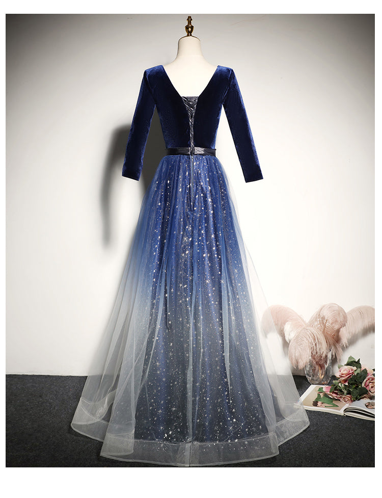 Blue Gradient Tulle with Velvet Long Sleeves Bridesmaid Dress, Long Prom Dress