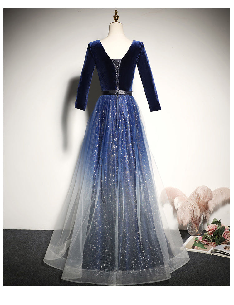 Blue Gradient Tulle with Velvet Long Sleeves Bridesmaid Dress, Long Pr Cutedressy Blue Gradient Tulle with Velvet Long Sleeves Bridesmaid Dress, Long Pr Cutedressy