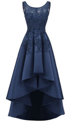 Navy Blue Lace Beaded Wedding Party Dresses, High Low Bridesmaid Gowns Formal
