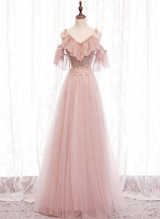 Pink Off Shoulder Lace with Tulle A-line Prom Dresses, Pink Floor Leng Cutedressy Pink Off Shoulder Lace with Tulle A-line Prom Dresses, Pink Floor Leng Cutedressy