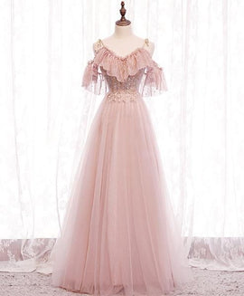 Pink Off Shoulder Lace with Tulle A-line Prom Dresses, Pink Floor Length Party Dresses