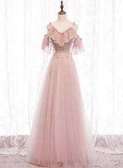 Pink Off Shoulder Lace with Tulle A-line Prom Dresses, Pink Floor Length Party Dresses