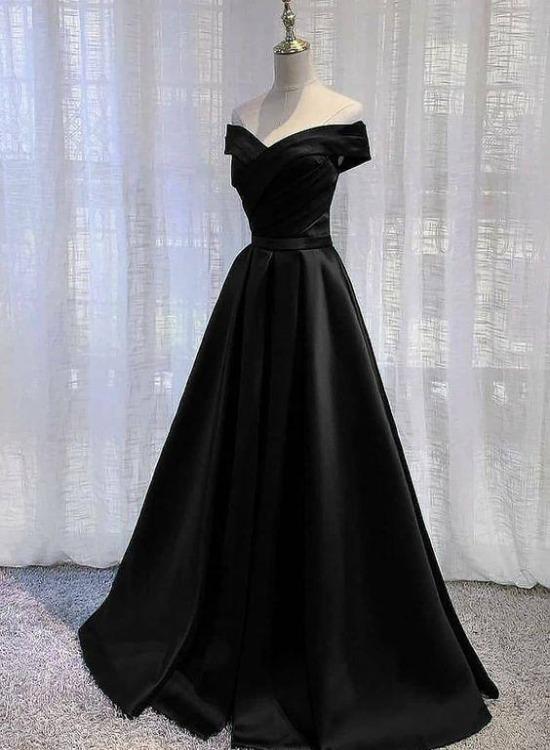 Pretty Off Shoulder Black Satin A-Line Party Dress Formal Dress, Long Black Prom Dress