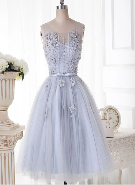 Sliver Grey Tulle Short Beaded Homecoming Dress, Lovely Flowers Lace Short Prom Dress