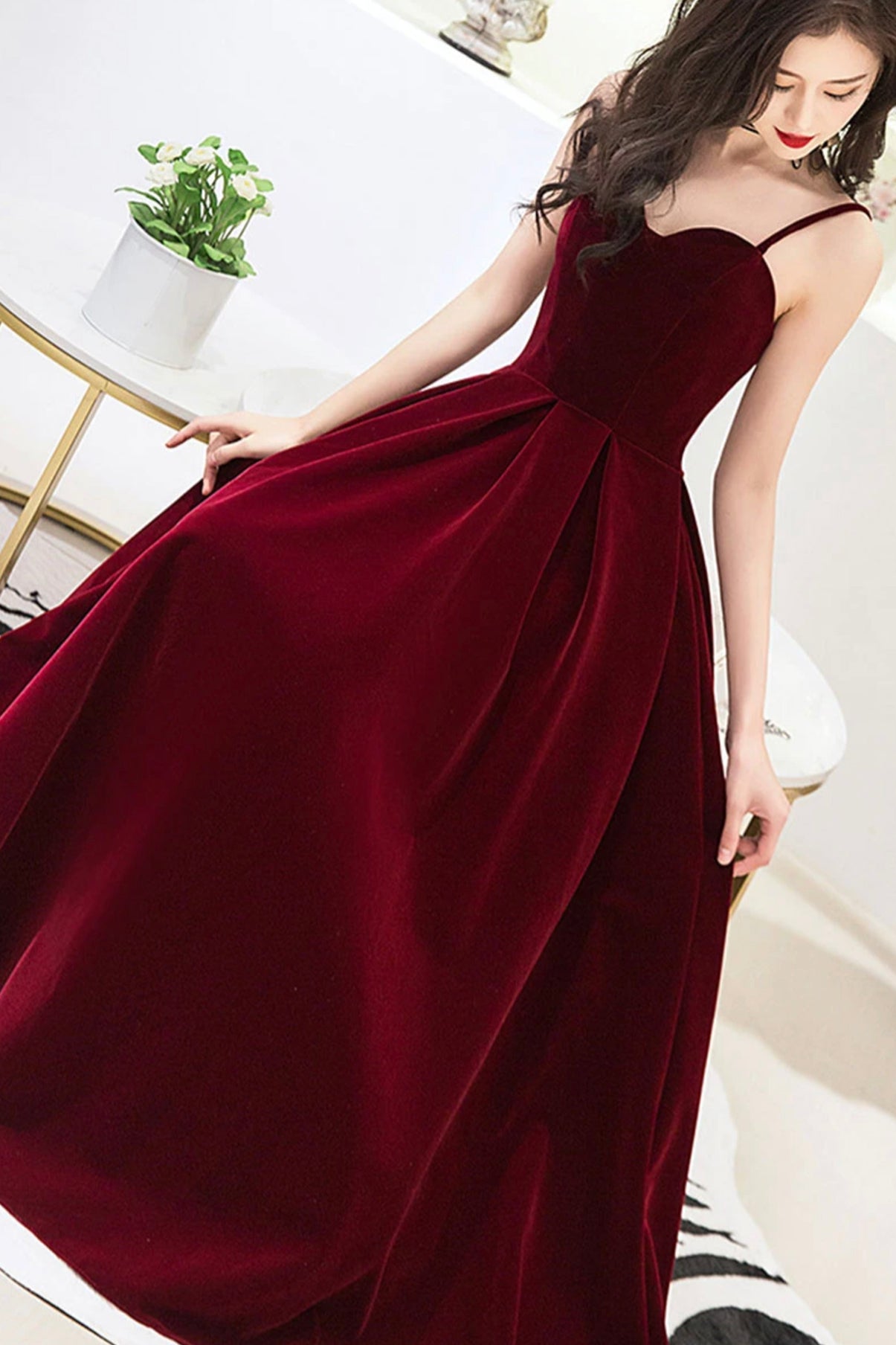 Wine Red Velvet Straps V-neckline Party Dress, Long Burgundy Prom Dress Evening Dress
