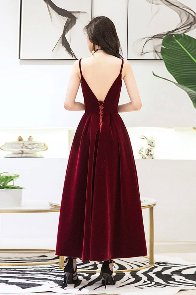 Wine Red Velvet Straps V-neckline Party Dress, Long Burgundy Prom Dres ...