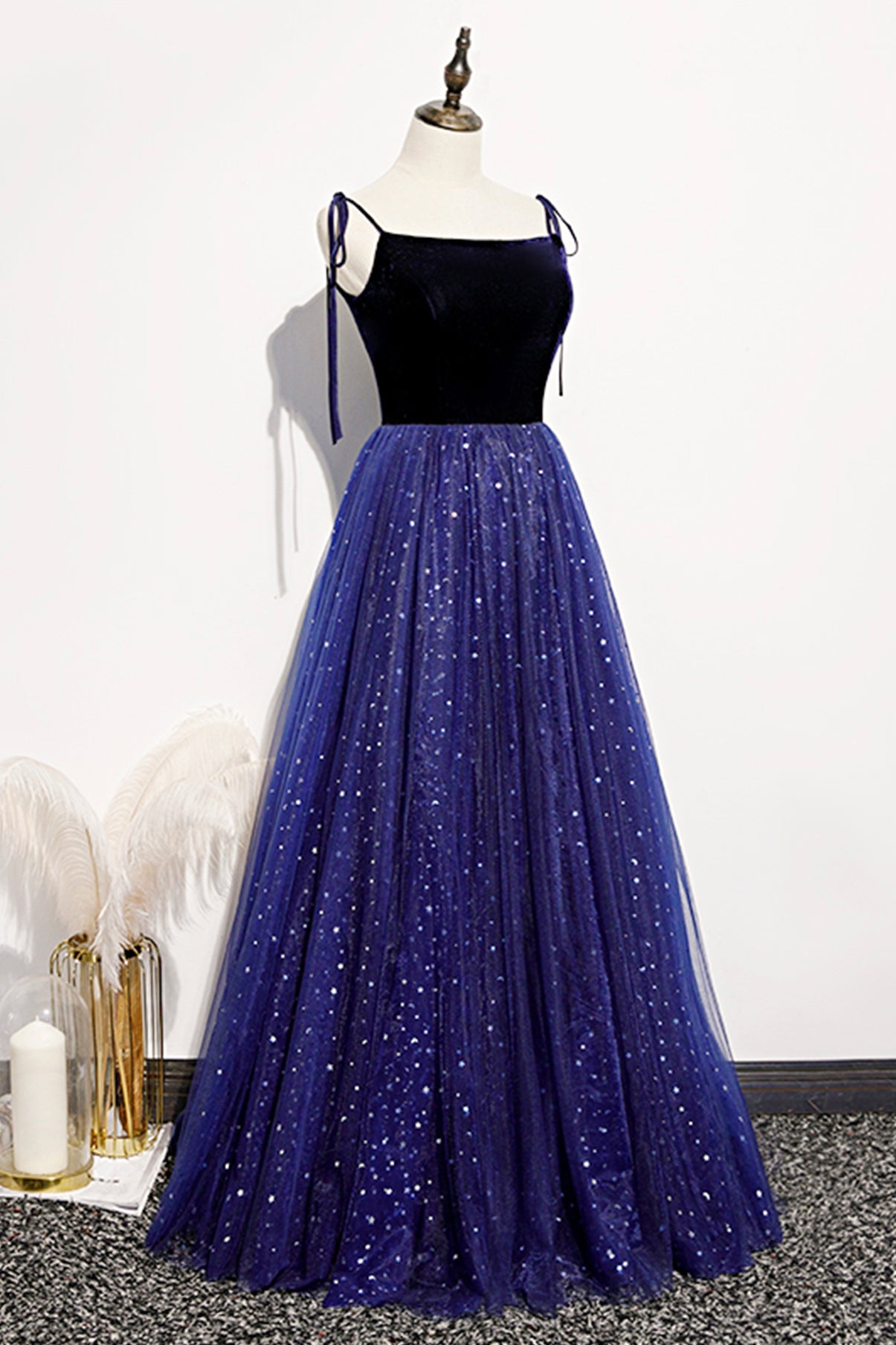 Blue Sparkle Tulle with Velvet Top Straps Long Formal Dress, A-line Simple Party Dress