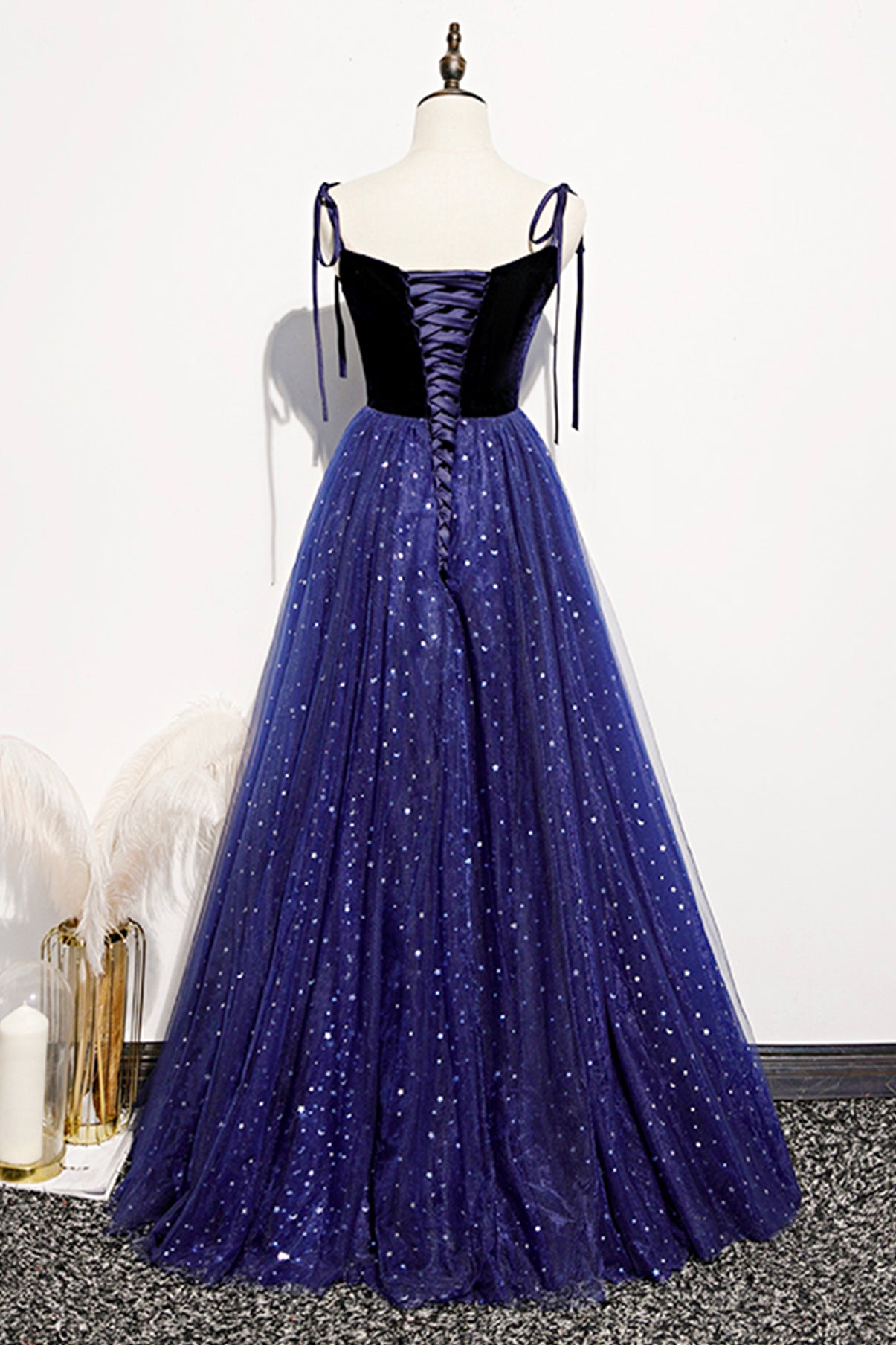 Blue Sparkle Tulle with Velvet Top Straps Long Formal Dress, A-line Simple Party Dress