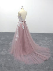 Pink Tulle V-Neck Spaghetti Straps Bridal Gown, Floor-Length A-line Wedding Party Dress Formal Dress
