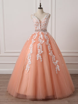 Charming Coral Princess V-neckline Formal Dress, Lace Applique Beaded Prom Dress