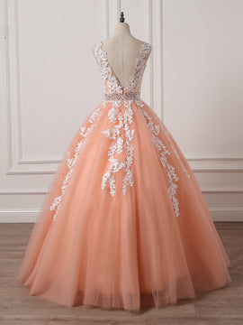 Charming Coral Princess V-neckline Formal Dress, Lace Applique Beaded Prom Dress