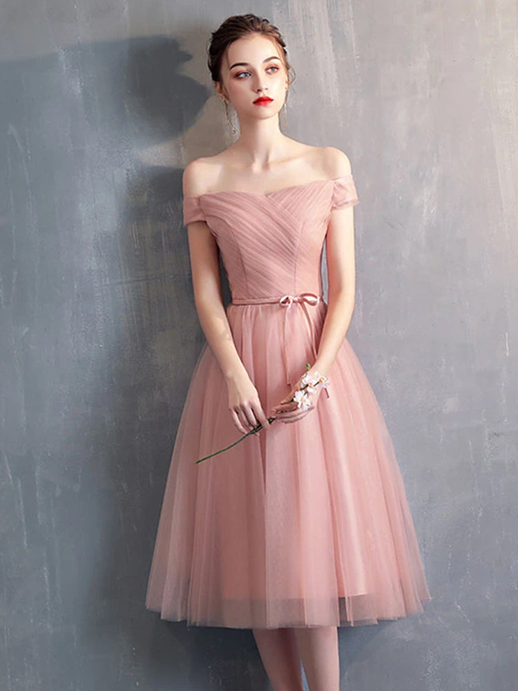Simple Sweetheart Pink Tulle Off Shoulder Short Homecoming Dress, Pink Prom Dresses