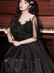 Black A-line Long Party Dress with Lace, Black Floor Length Prom Dress Formal Dress