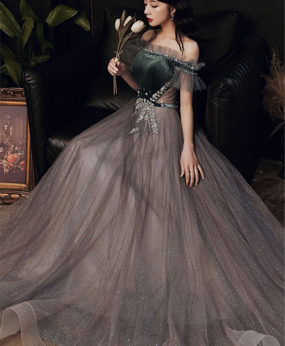 Beautiful Off Shoulder Velvet and Tulle Long Party Dress, A-line Evening Dress Prom Dresse