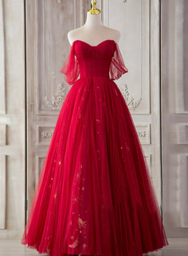 Red Sweetheart Tulle Long Beautiful Prom Dresses, Wine Red Party Dresses Evening Gown