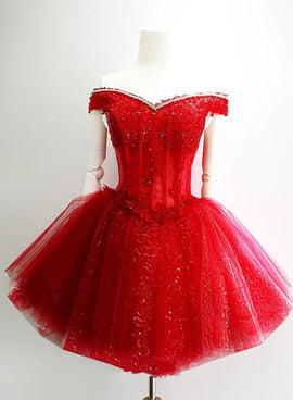 Adorable Red Sweetheart Shiny Tulle Off Shoulder Short Homecoming Dress, Red Party Dress