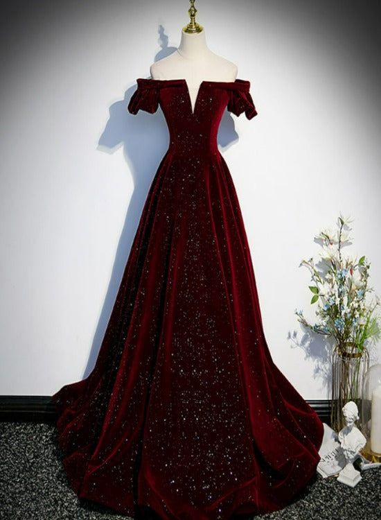 Beautiful Wine Red Off Shoulder Velvet Long Party Dress, A-line Dark R ...