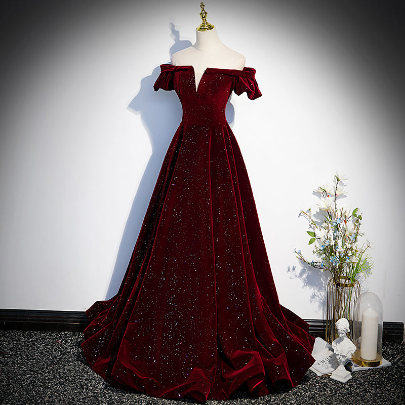 Off Shoulder Burgundy Satin Long Prom Dresses with High Slit, Burgundy –  Shiny Party