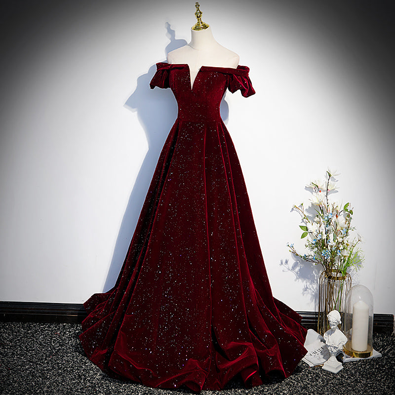 Beautiful Wine Red Off Shoulder Velvet Long Party Dress, A-line Dark R ...