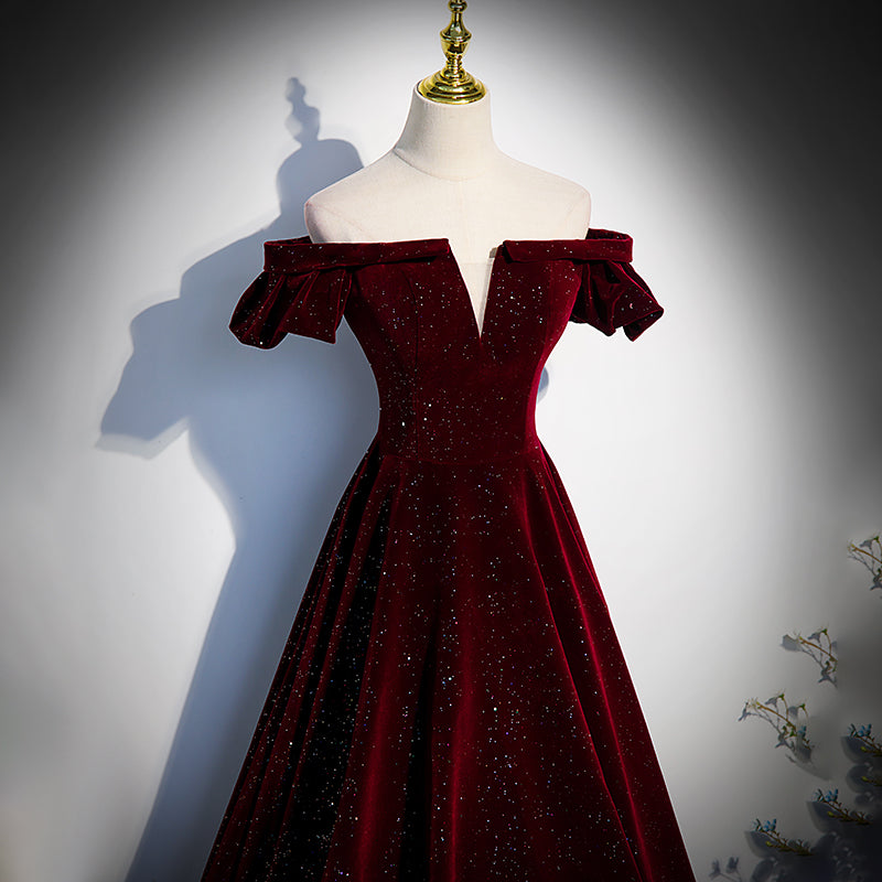 Beautiful Wine Red Off Shoulder Velvet Long Party Dress, A-line Dark R Cutedressy Beautiful Wine Red Off Shoulder Velvet Long Party Dress, A-line Dark R Cutedressy