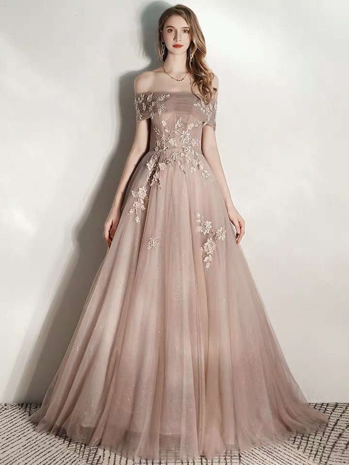 Champagne Off Shoulder Tulle with Lace Long Formal Dress, Tulle Evening Gown
