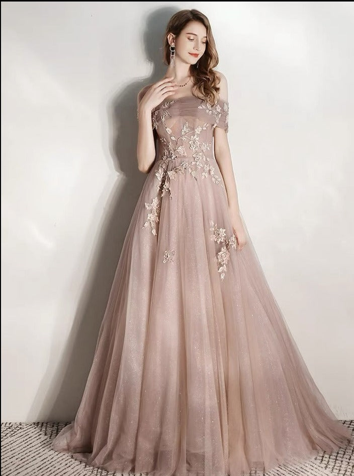 Champagne Off Shoulder Tulle with Lace Long Formal Dress, Tulle Evening Gown