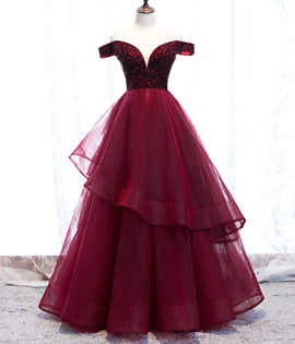 Gorgeous Tulle Wine Red Off Shoulder Party Dress with Lace, Beaded Tulle Evening Dresses