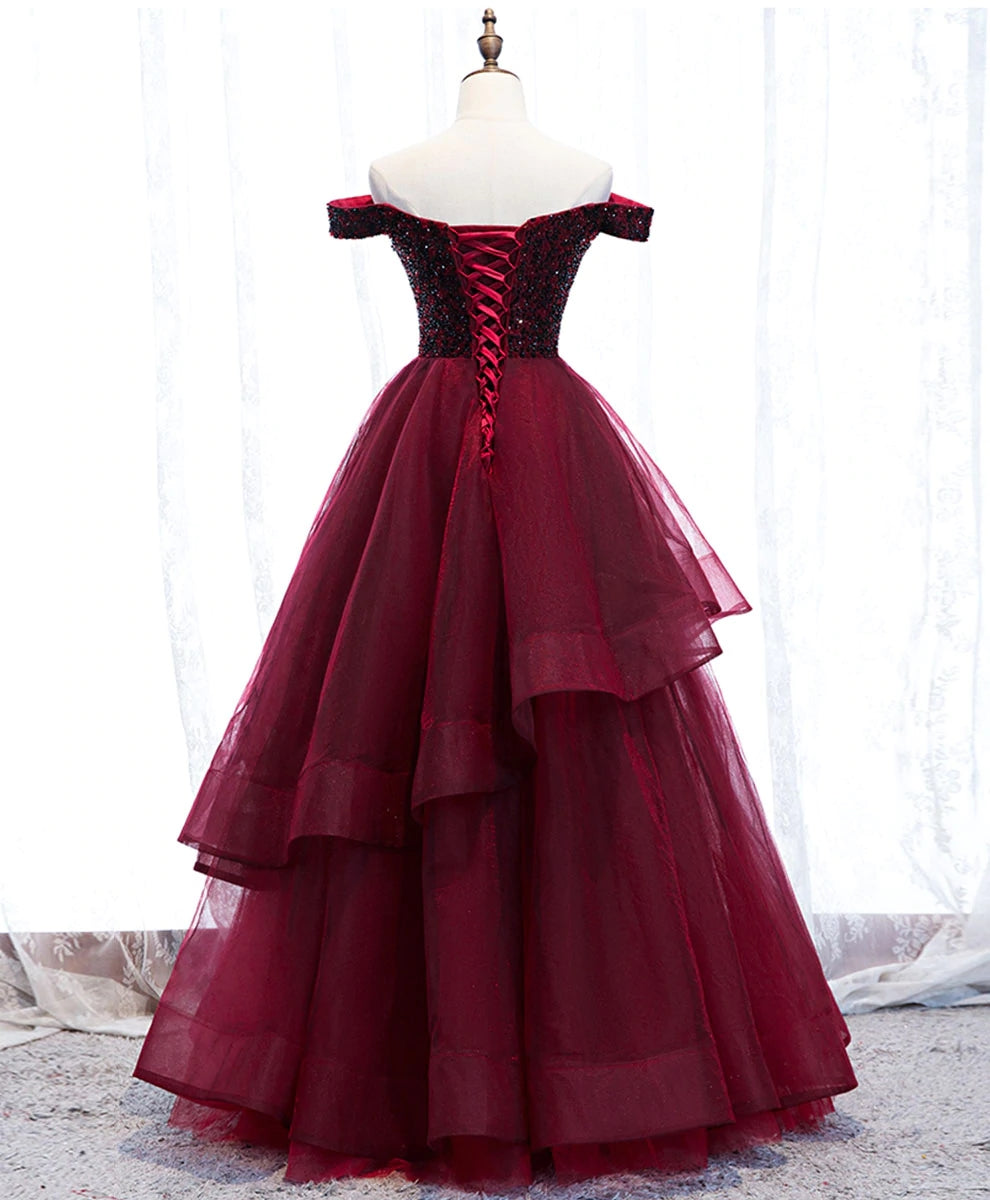Gorgeous Tulle Wine Red Off Shoulder Party Dress with Lace, Beaded Tulle Evening Dresses
