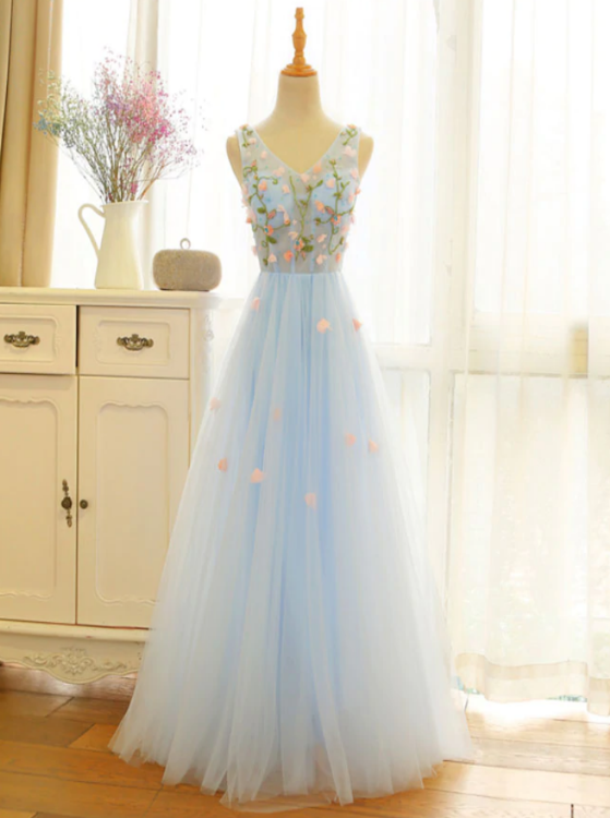 Beautiful Blue V-neckline Floral Lace Tulle Party Dress, A-line Blue Evening Dress Prom Dresses