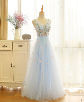 Beautiful Blue V-neckline Floral Lace Tulle Party Dress, A-line Blue Evening Dress Prom Dresses