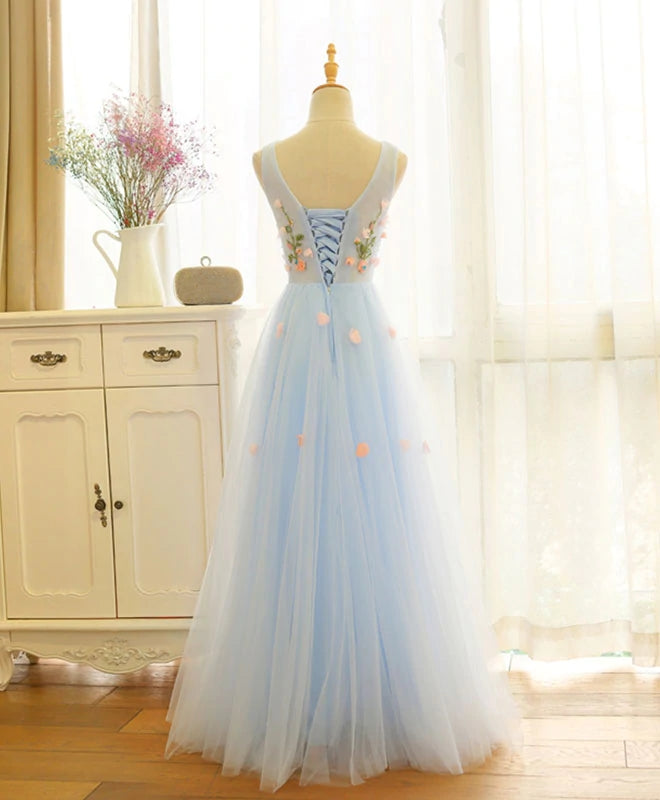 Light Blue Tulle Beaded Flowers V-neckline Prom Dress, Long Blue Party Dress Evening Dress
