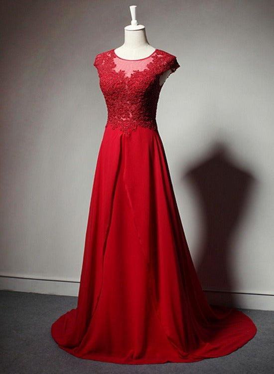 Red Chiffon Lace Applique Long Formal Dress, Red Party Dress Evening Dress