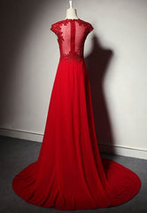 Red Chiffon Lace Applique Long Formal Dress, Red Party Dress Evening Dress