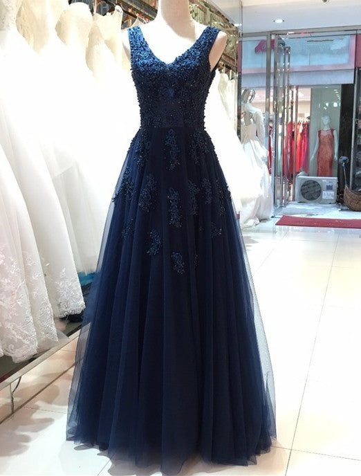 Navy Blue Tulle Long Formal Gowns, Blue Prom Dress , V-neckline Party Dresses