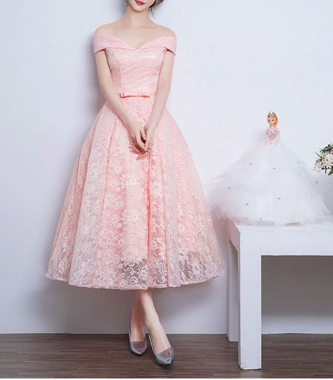Pink Lace Sweetheart Off Shoulder Tea Length Formal Dress, Cute Brides Cutedressy Pink Lace Sweetheart Off Shoulder Tea Length Formal Dress, Cute Brides Cutedressy