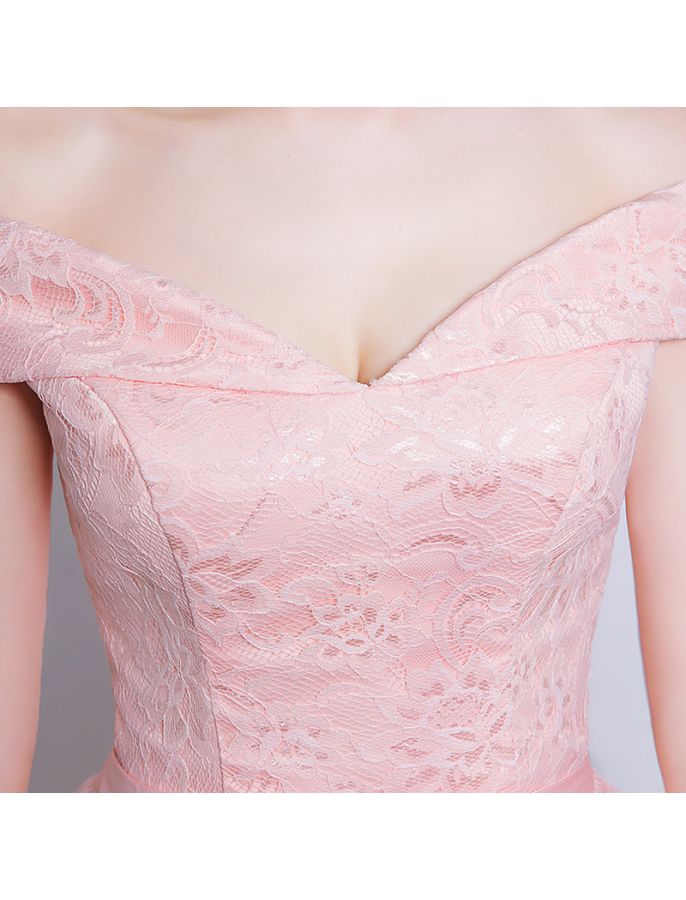 Pink Lace Sweetheart Off Shoulder Tea Length Formal Dress, Cute Bridesmaid Dress