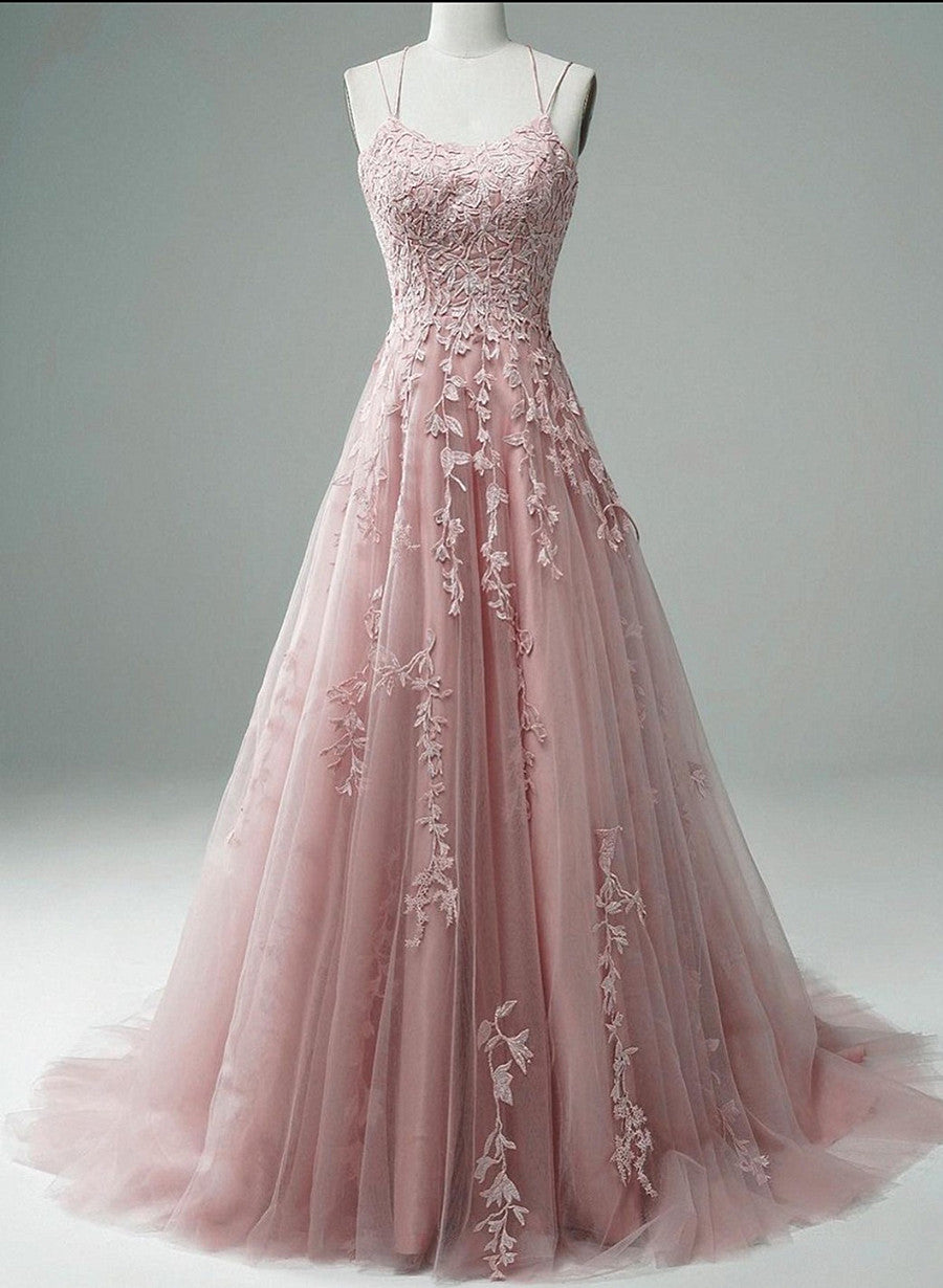 Pink Scoop Tulle Straps with Lace Long Prom Dress, Pink A-line Formal Dress