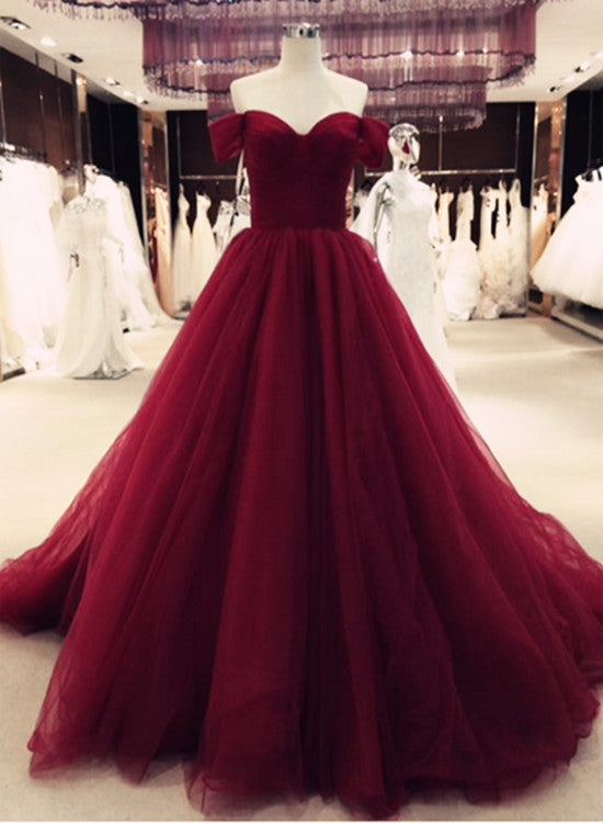 Gorgeous Burgundy Tulle Gown, Off Shoulder Sweetheart Princess Prom Dress, Junior Prom Dress