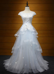 Light Blue Layers Tulle Elegant Princess Gown, Prom Dress, Blue Evening Dresses
