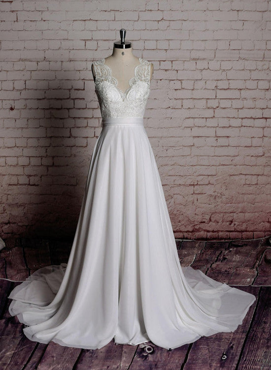 Simple Ivory Chiffon Long Wedding Dress with Train, Wedding Party Dresses, Bridal Gown