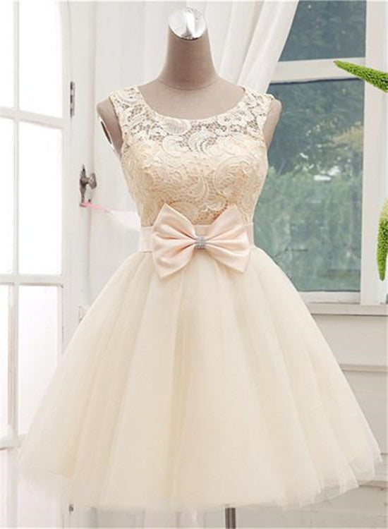 Adorable Lace Champagne Ball Gown Sleeveless Homecoming Dresses, Cute Tulle Party Dresses