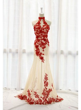 Sexy See Through Champagne Tulle with Red Lace Applique, Lovely Formal Dress
