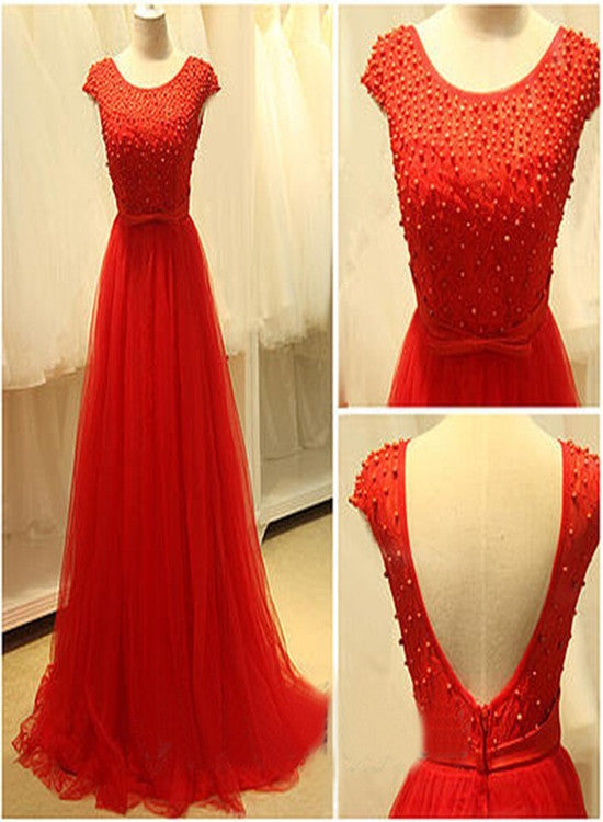 Red Tulle Beaded Round Backless Long Formal Gowns,Red Prom Dresses, Prom Dresses