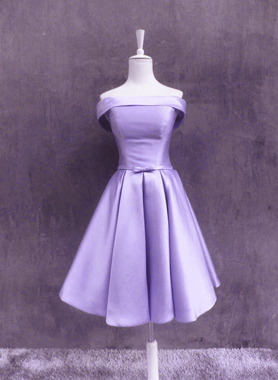 Lovely Off Shoulder Style Light Purple Satin Homecoming Dress, Short Prom Dress