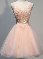 Lovely Tulle V-neckline Pink Party Dresses, Pink Formal Dresses, Homecoming Dresses