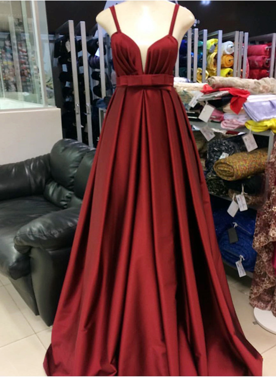 Burgundy Plunging Neckline Satin Prom Gowns, Floor Length Evening Party Dresses