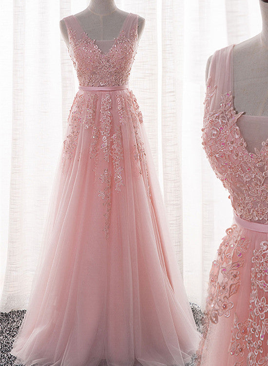 Pink Tulle and Appliques Long Prom Dresses, Pink Tulle Party Dresses, Bridesmaid Dresses