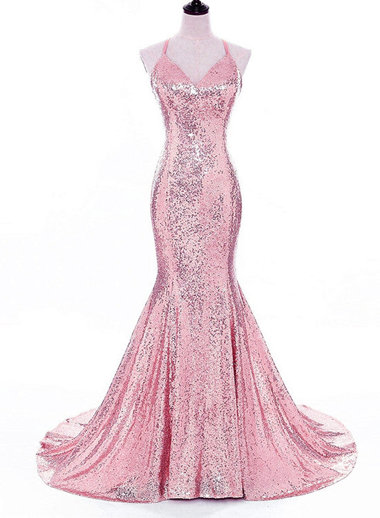 Pink Sequins Party Gowns, V-neckline Mermaid Cross Back Prom Dresses, Evening Gowns