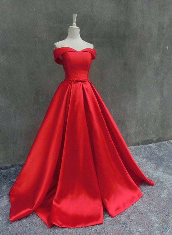 Red Satin Junior Prom Dresses, Off Shoulder Sweetheart Pretty Formal Dress, Prom Gown