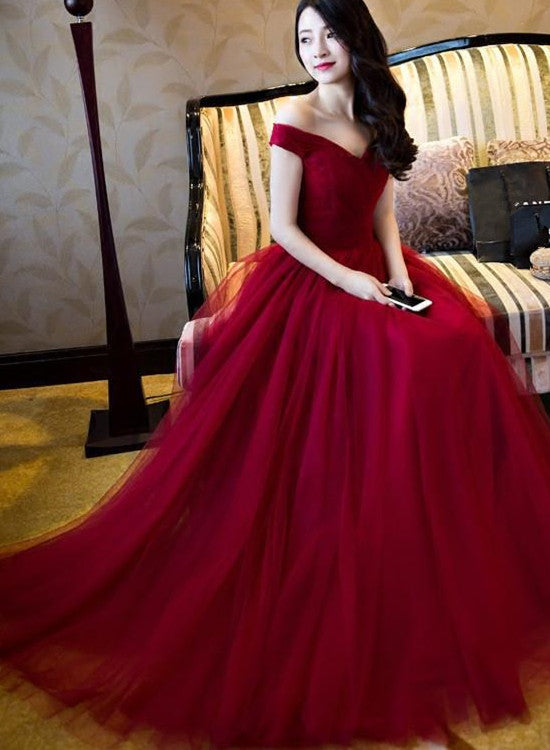 Elegant Tulle Off-The-Shoulder Burgundy Tulle Prom/Evening Dress, Lace-Up Party Dresses, Sweetheart Formal Dresses